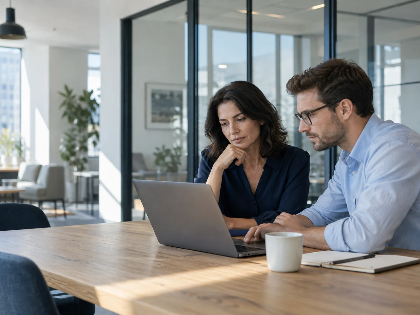 Two professionals reviewing information together in a modern office