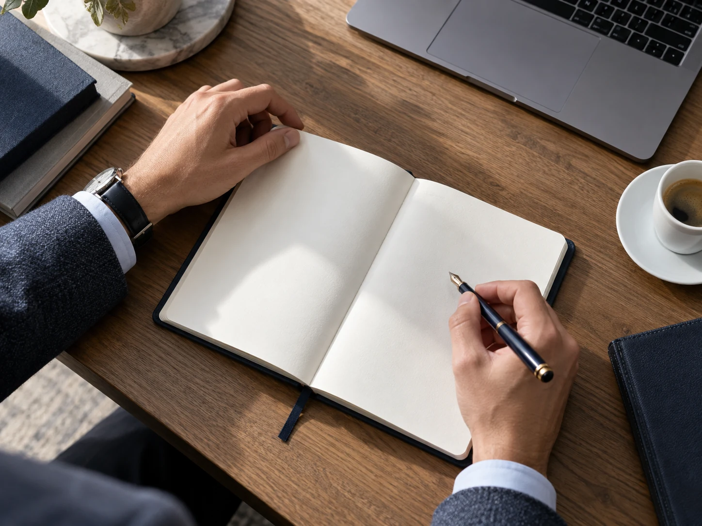 A professional planning work with a notebook at an office desk